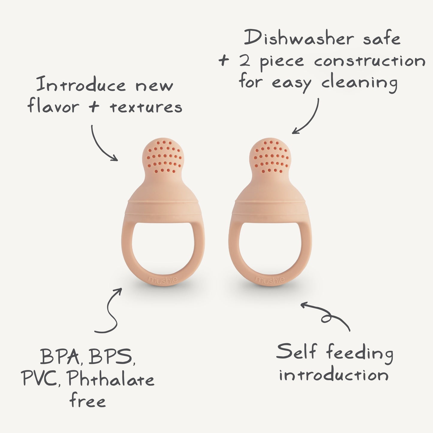 Two baby teething rings with text highlighting features on a white background