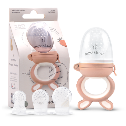 Baby food feeder with packaging and additional silicone components on a white background