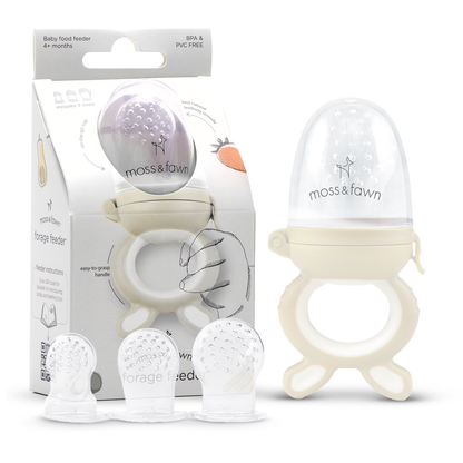 Baby food feeder with packaging displaying 'moss & fawn' brand on a white background