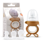 Baby food feeder with packaging and additional silicone parts on a white background