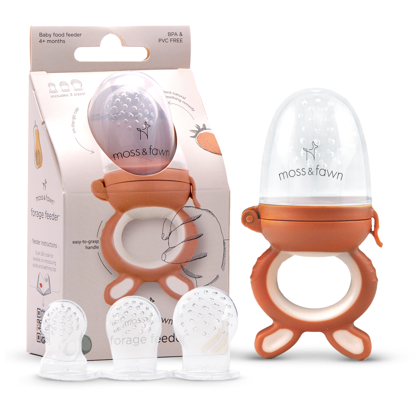 Baby food feeder with packaging and additional silicone parts on a white background