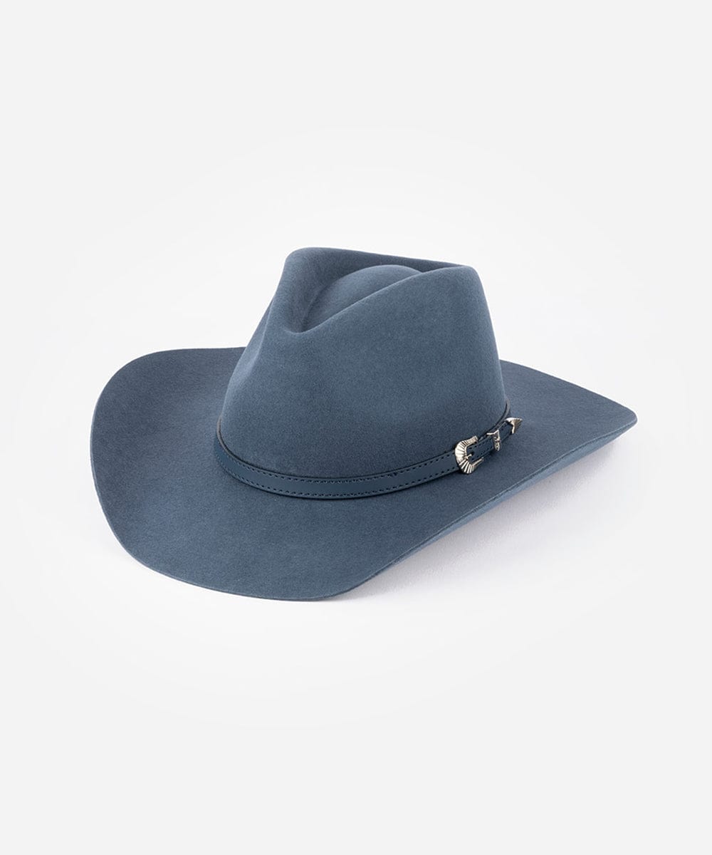 Blue cowboy hat with a band on a white background
