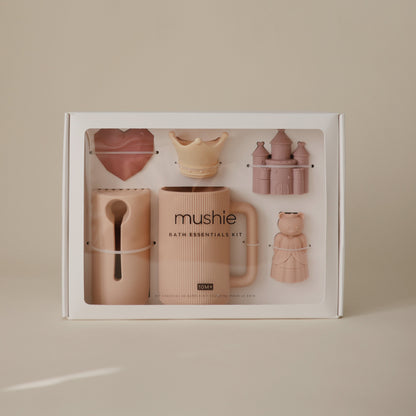 Mushie bath essentials kit packaging on a beige background