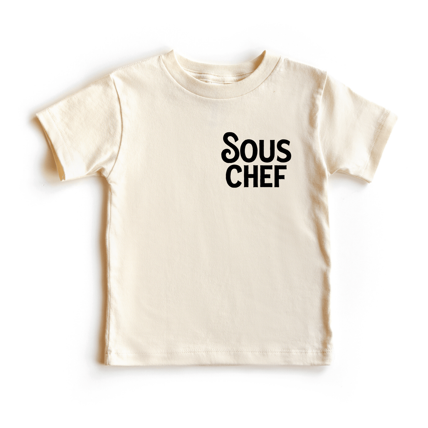 Beige t-shirt with 'Sous Chef' text on a white background