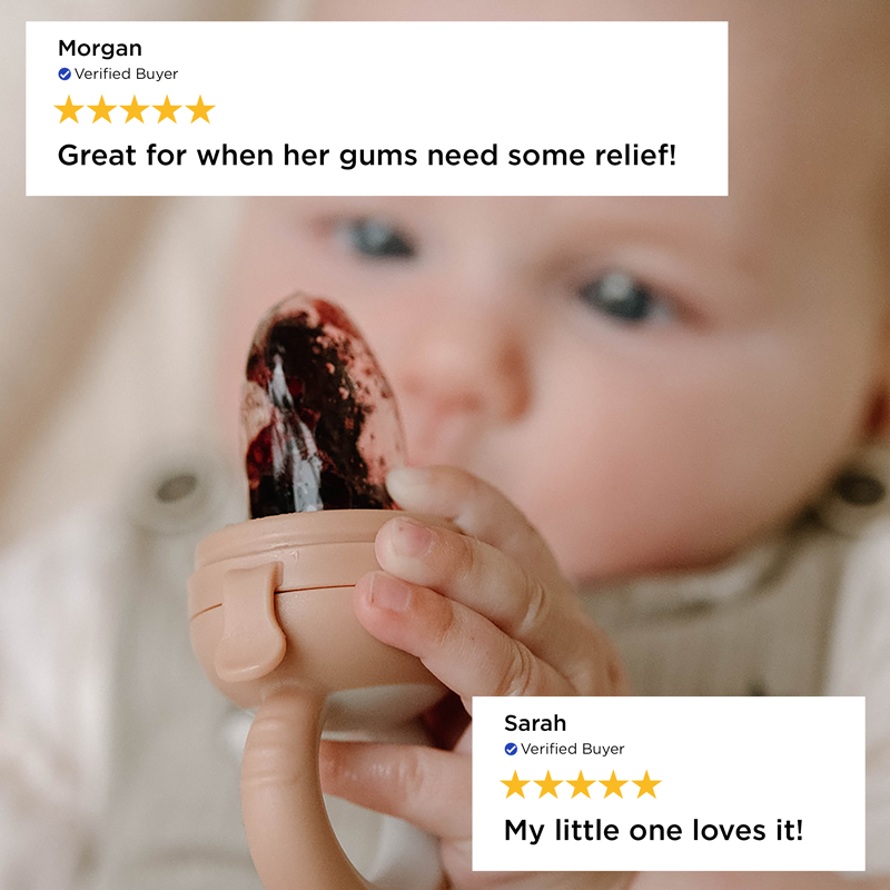 Baby holding a teething ring with two positive reviews displayed above.