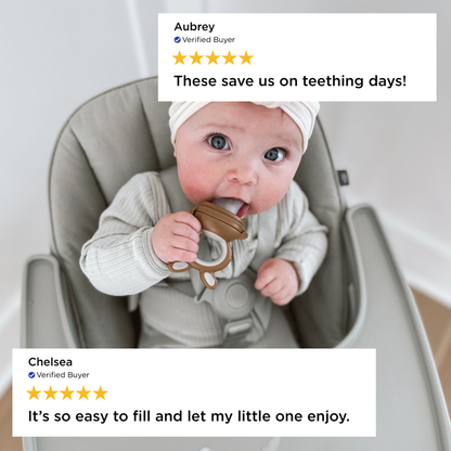 Baby in a high chair with a teething toy, surrounded by five-star reviews.