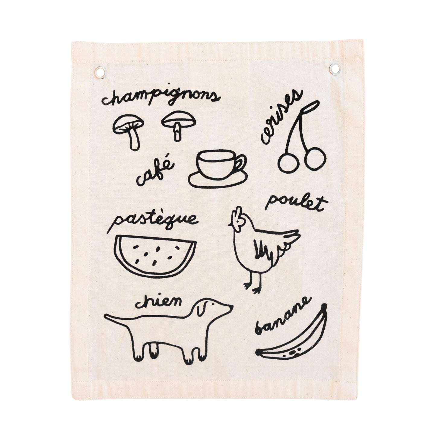 Beige towel with black line art illustrations and text on a white background