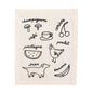 Beige towel with black line art illustrations and text on a white background