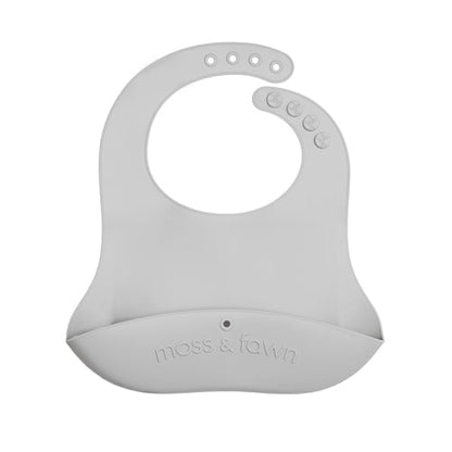 Gray silicone bib with 'moss & twain' branding on a white background