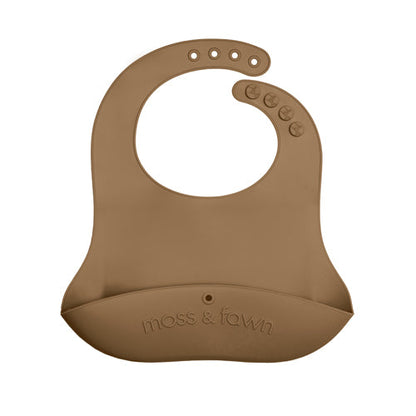 Brown silicone bib with 'moss & fawn' branding on a white background