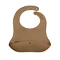 Brown silicone bib with 'moss & fawn' branding on a white background
