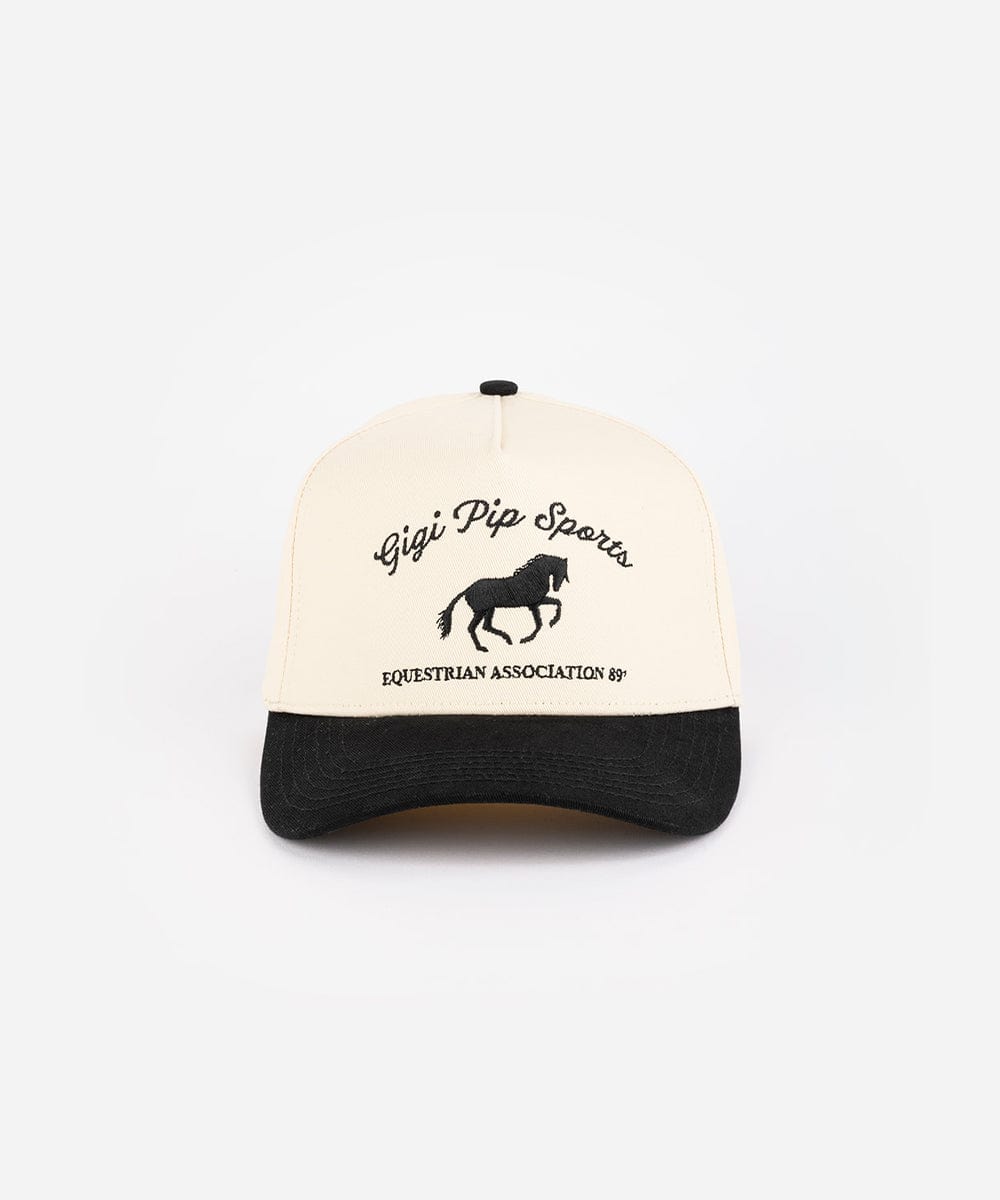 Trucker hat with horse logo and text on a white background