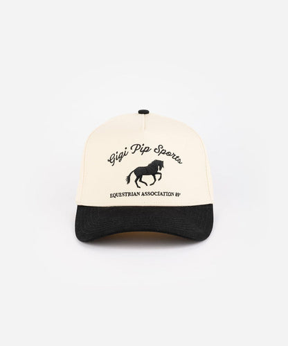 Trucker hat with horse logo and text on a white background