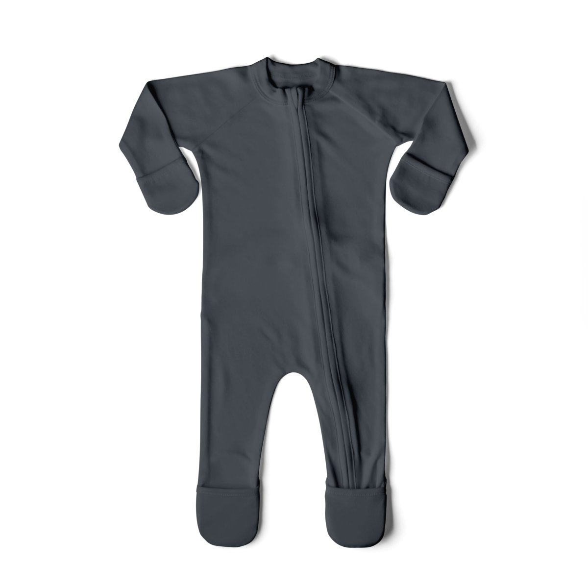 Gray baby onesie with a zipper on a white background