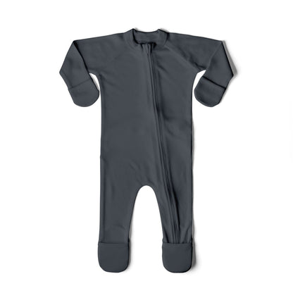 Gray baby onesie with a zipper on a white background