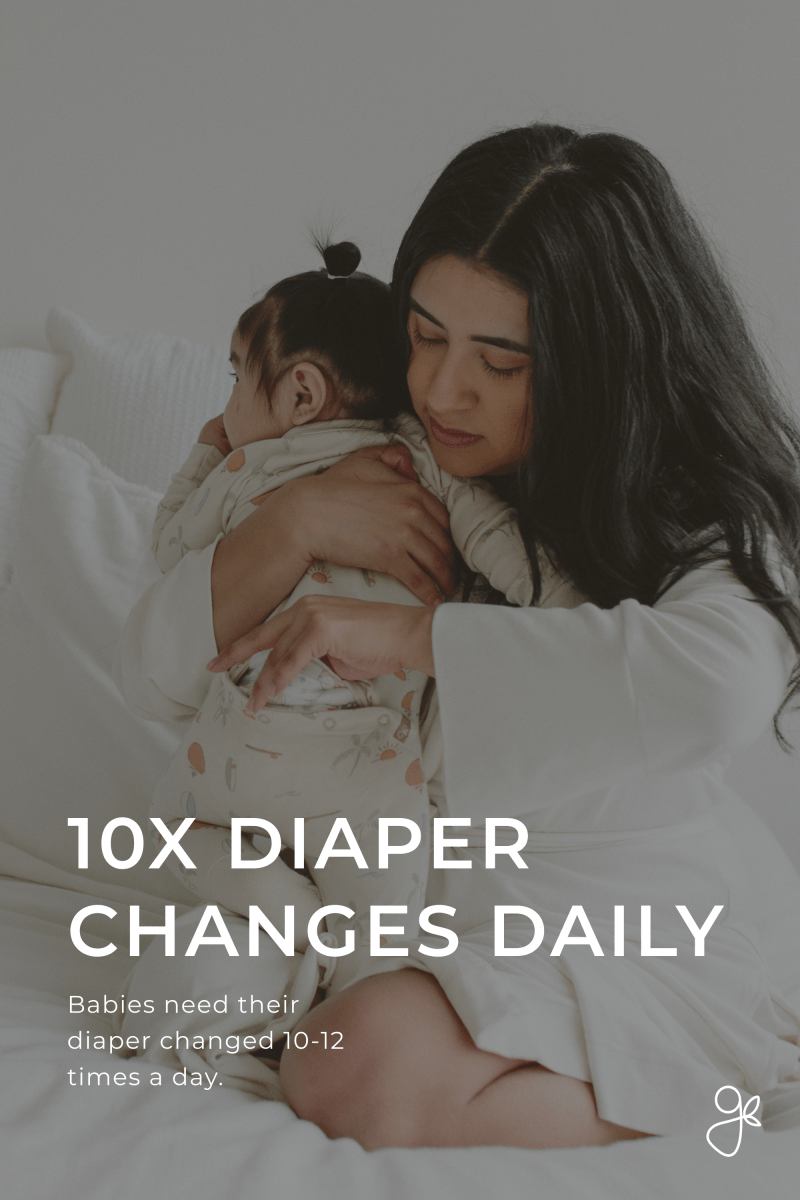 Woman holding a baby with text about diaper changes