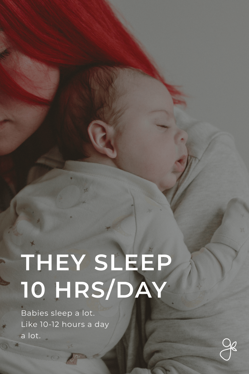 Baby sleeping with a red-haired person, text about baby sleep duration.