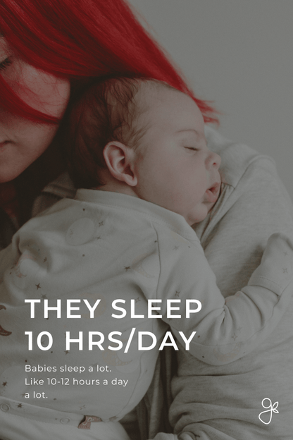 Baby sleeping with a red-haired person, text about baby sleep duration.