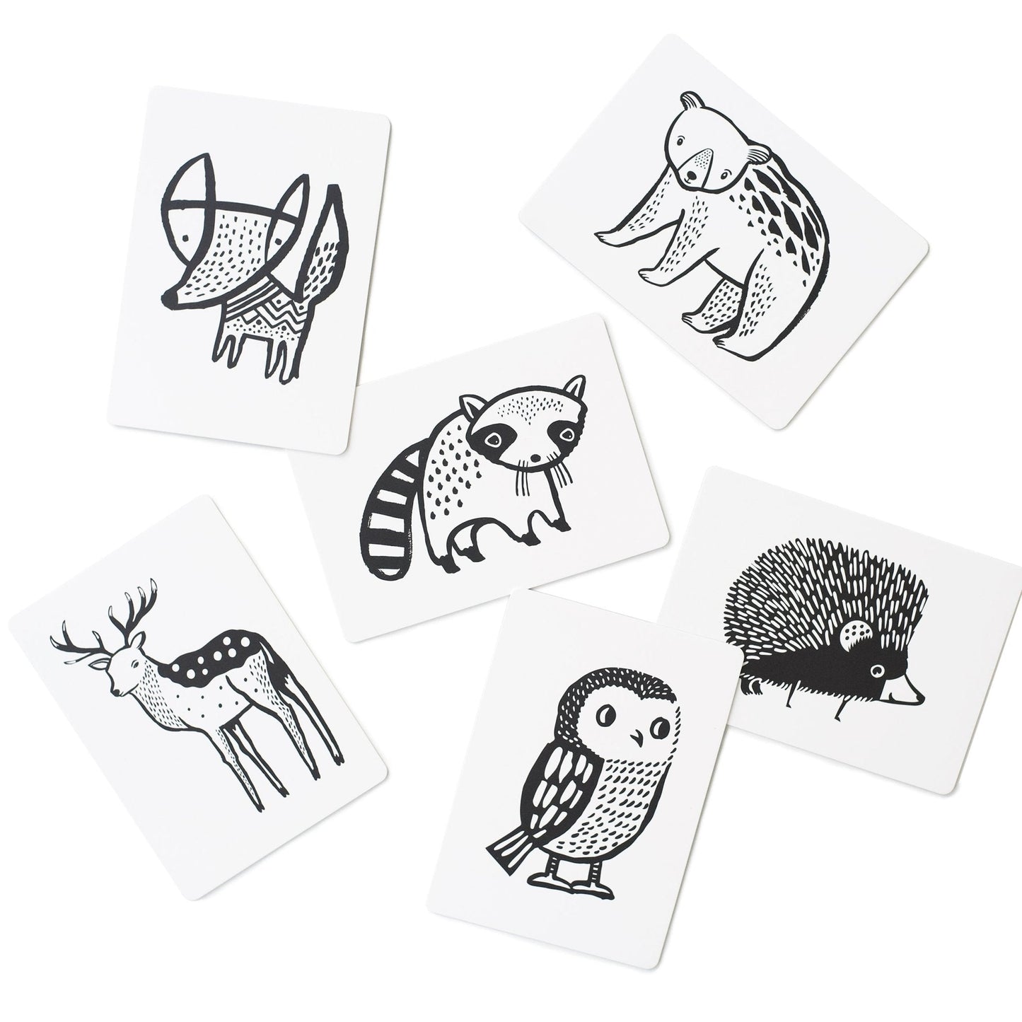 Set of six black and white animal illustrations on square cards.