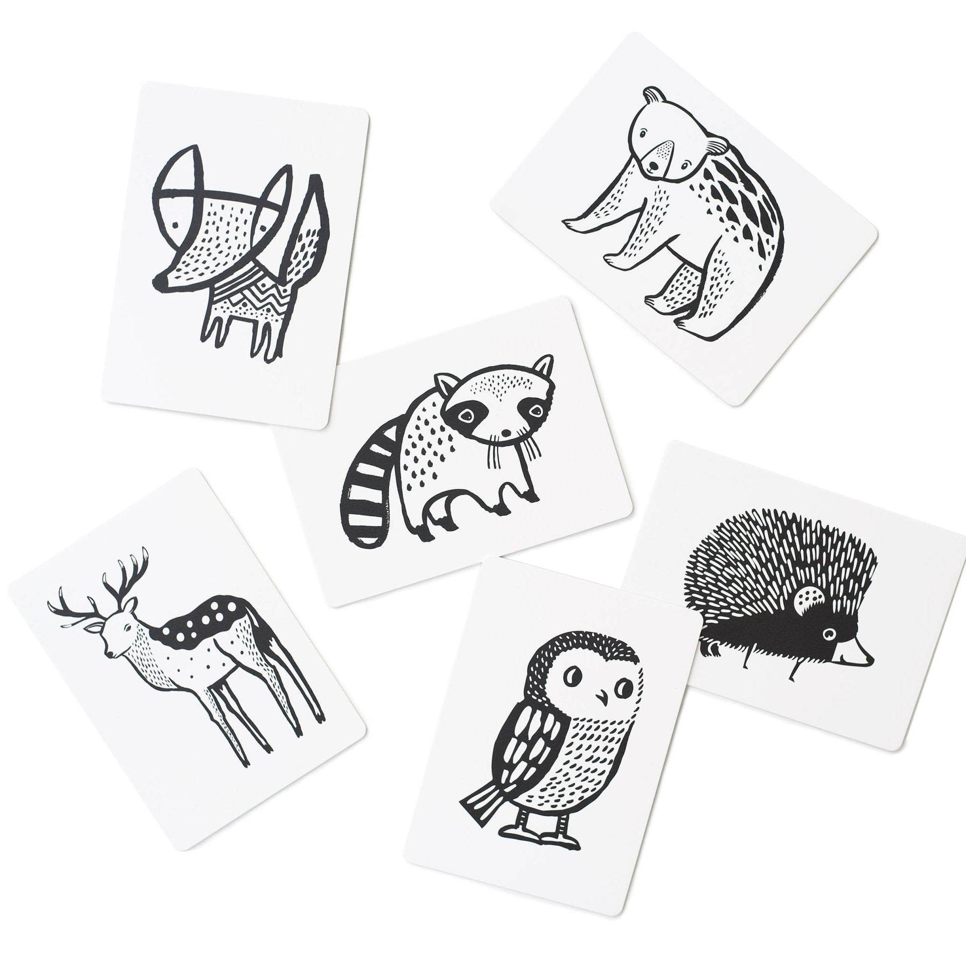 Set of six black and white animal illustrations on square cards.