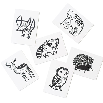Set of six black and white animal illustrations on square cards.