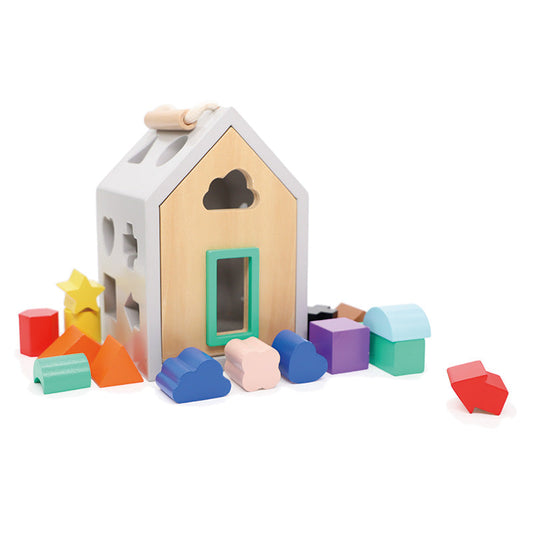 Wooden shape sorter toy with colorful blocks on a white background