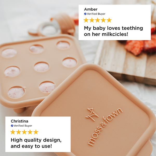 Silicone mold with teething design and 'moss & fawn' branding, featuring customer reviews.
