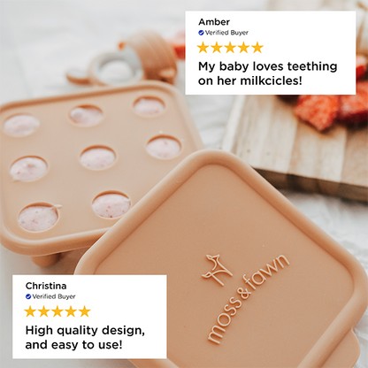 Silicone mold with teething design and 'moss & fawn' branding, featuring customer reviews.