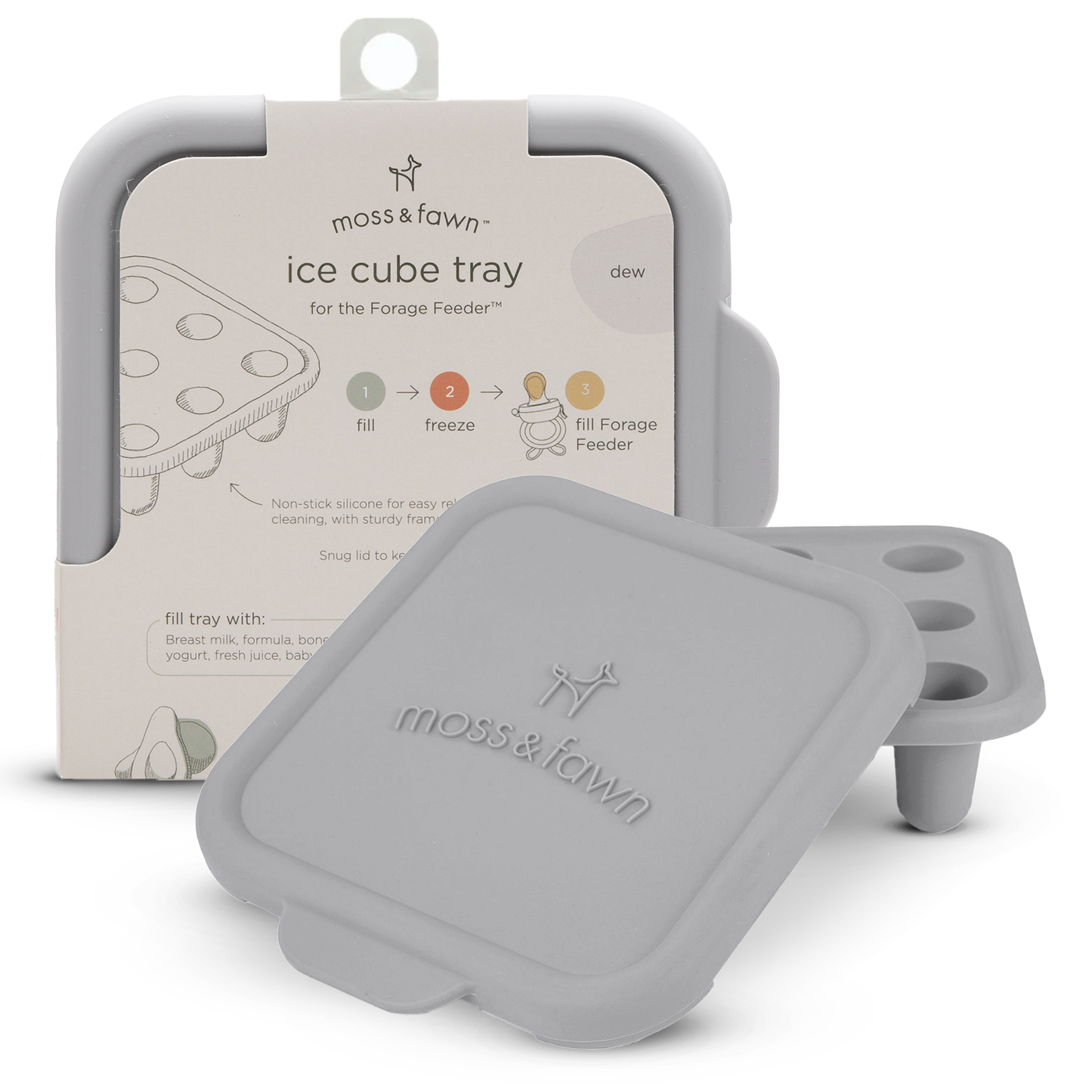 Gray ice cube tray with packaging on a white background