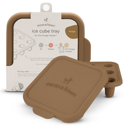 Brown ice cube tray with packaging on a white background
