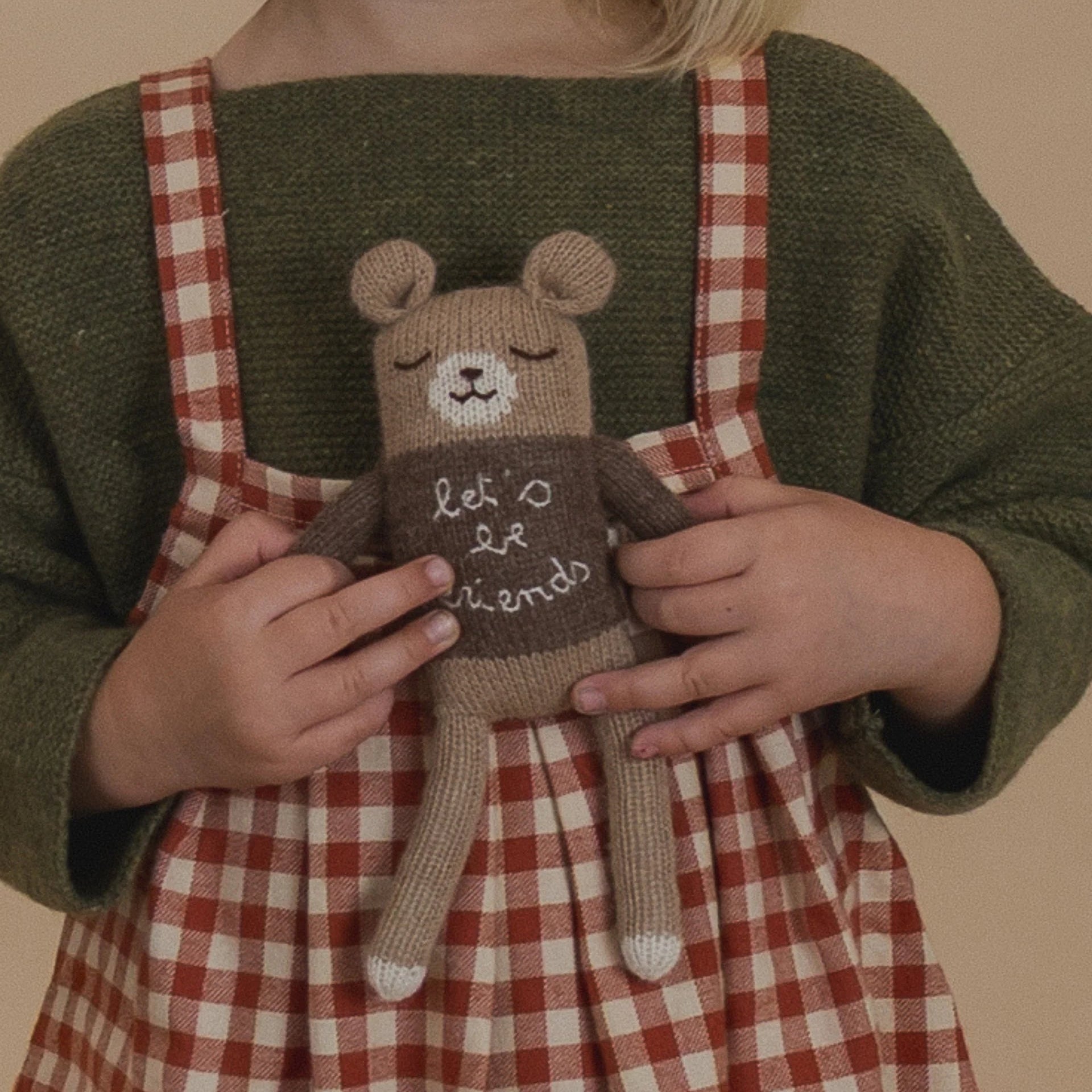 Person wearing a green sweater and red checkered apron holding a knitted bear toy with 'let's be friends' text.