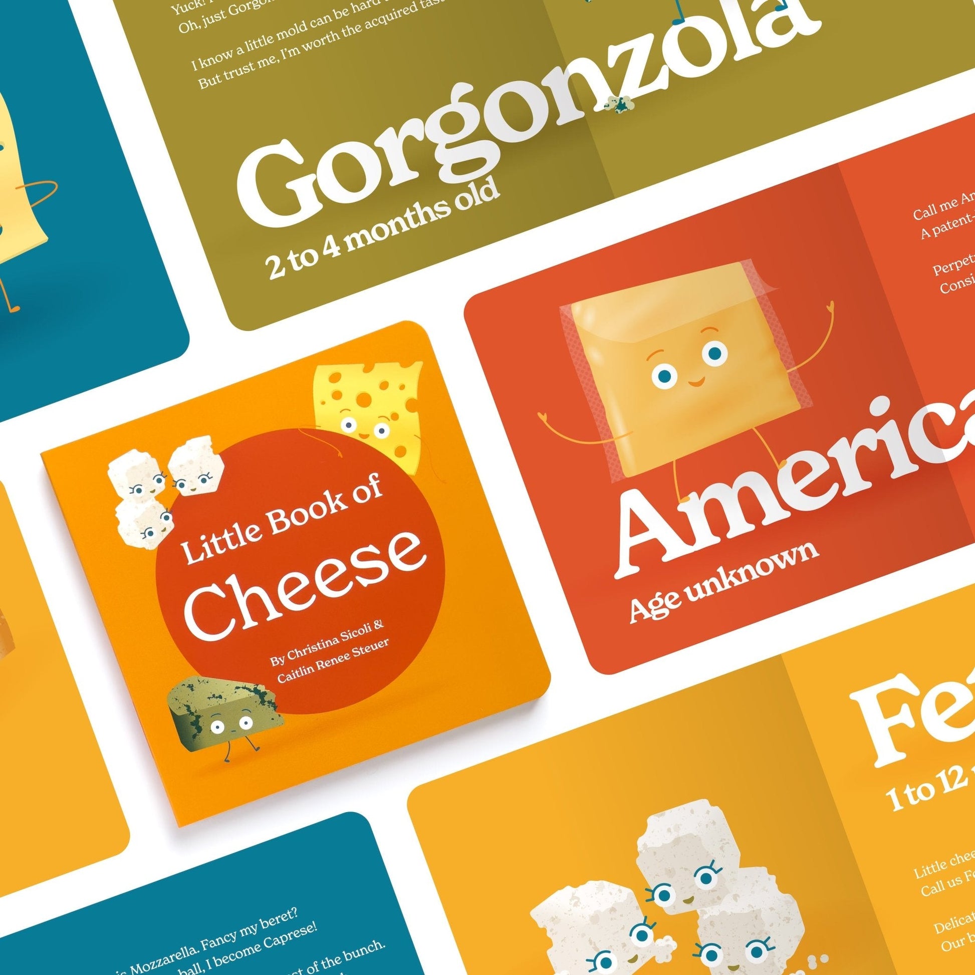 Collection of children's books with cheese-themed illustrations on a white background