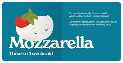 Mozzarella cheese character with text on a blue background