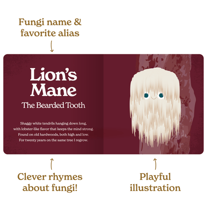 Illustration of a mushroom with text about 'Lion's Mane' and 'The Bearded Tooth'.