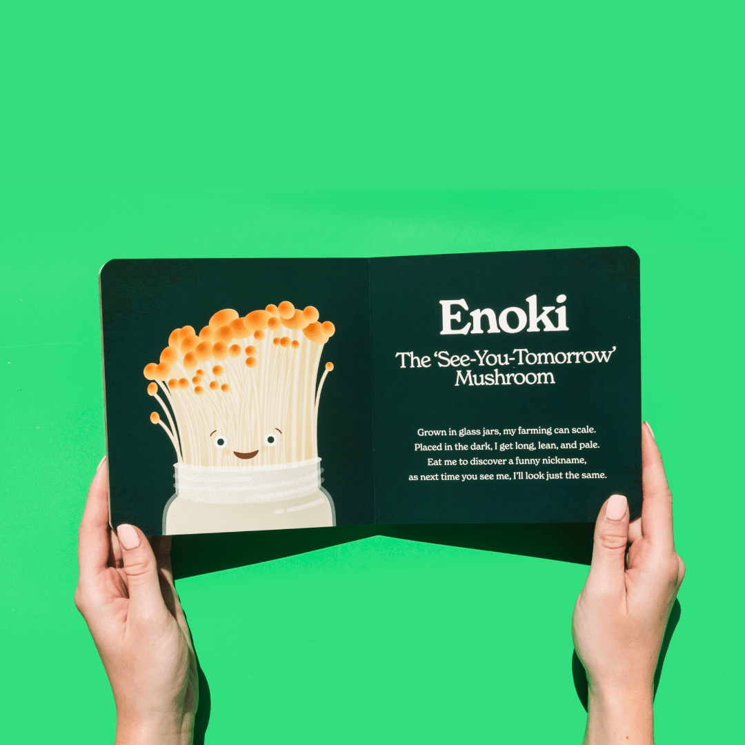 Card with an illustration of an enoki mushroom and text on a green background