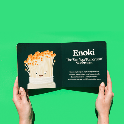 Card with an illustration of an enoki mushroom and text on a green background