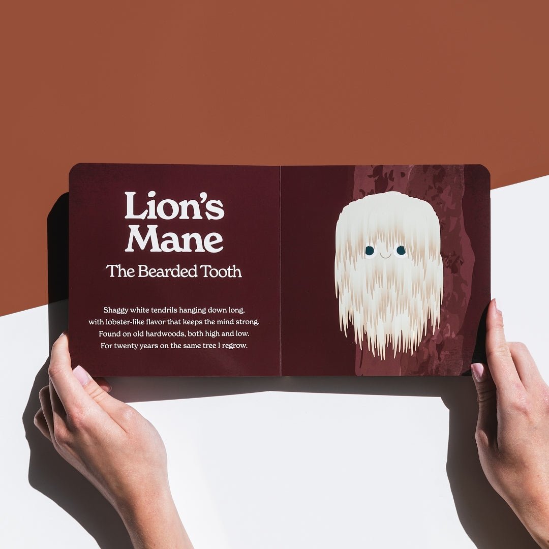 Open book with illustration of 'Lion's Mane' and text on a brown background