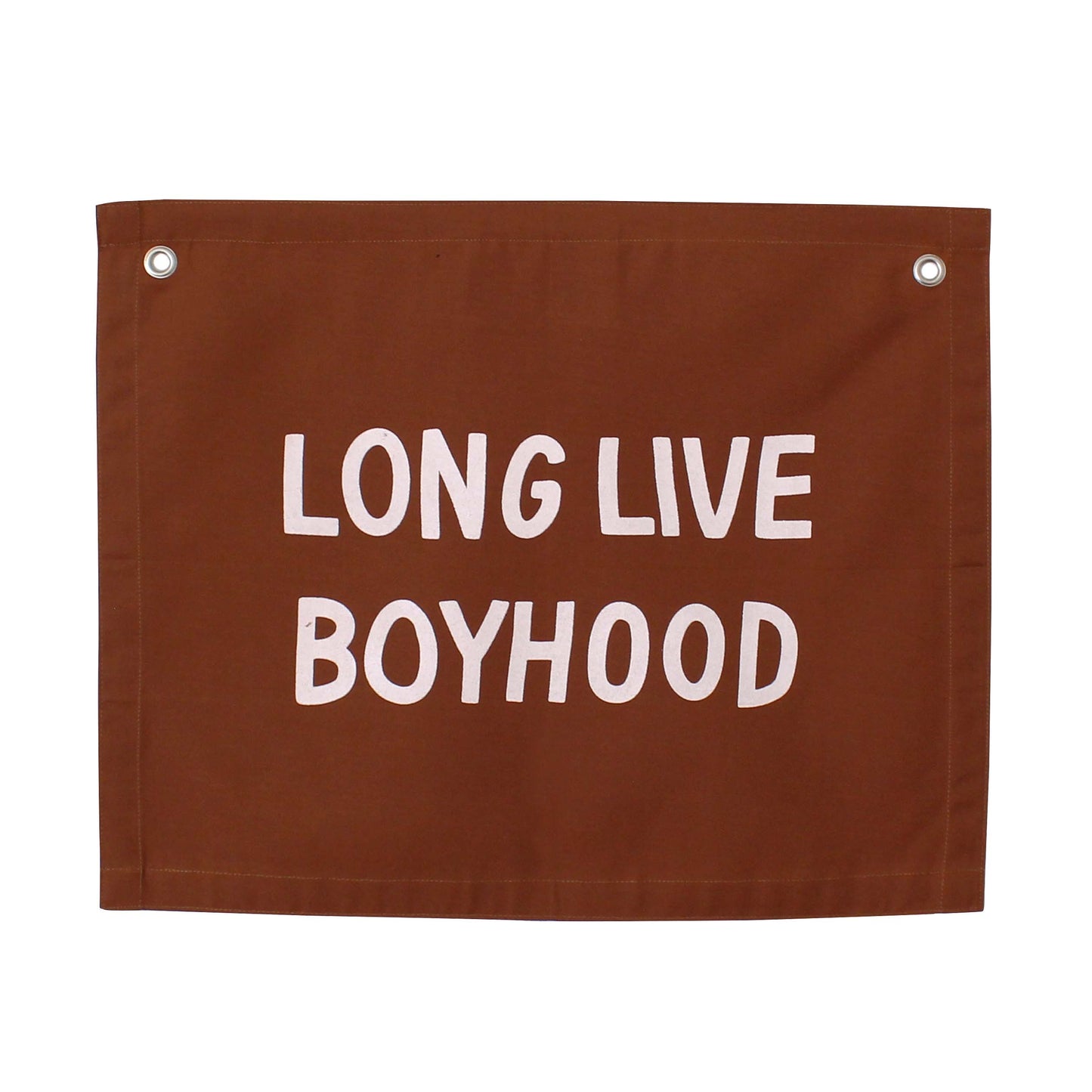 Brown banner with 'LONG LIVE BOYHOOD' text on a white background