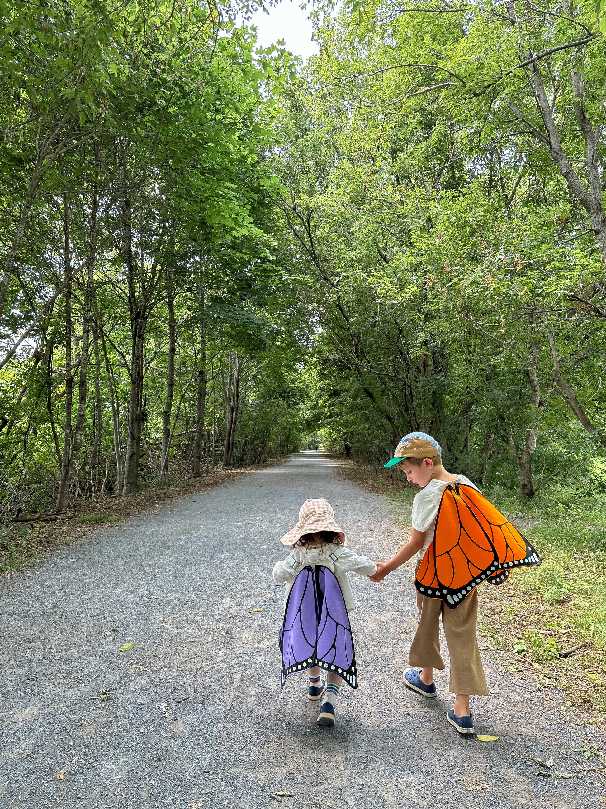 Two children in butterfly costumes walking on a path surrounded by trees