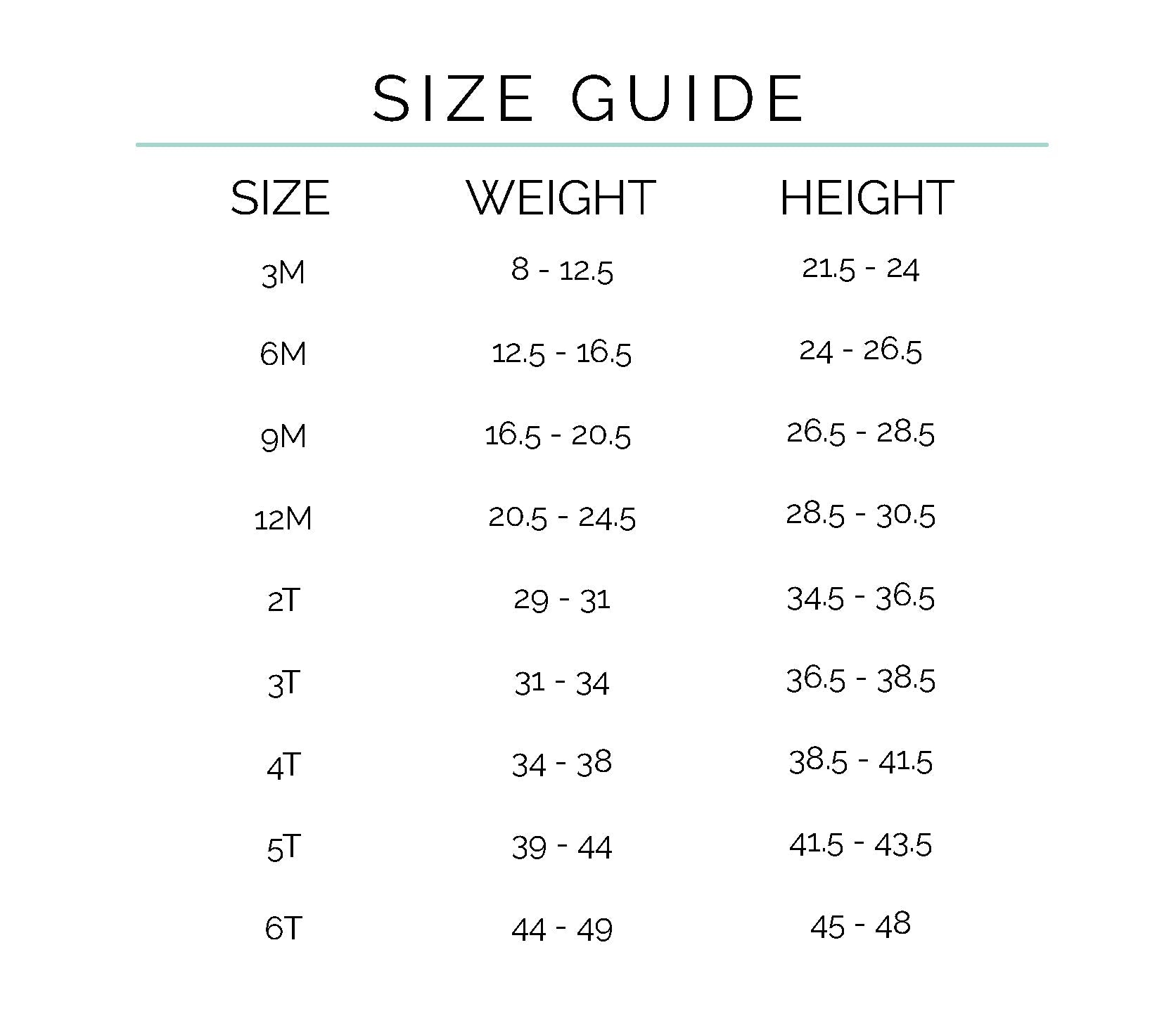 Size guide chart for children's clothing with size, weight, and height ranges.