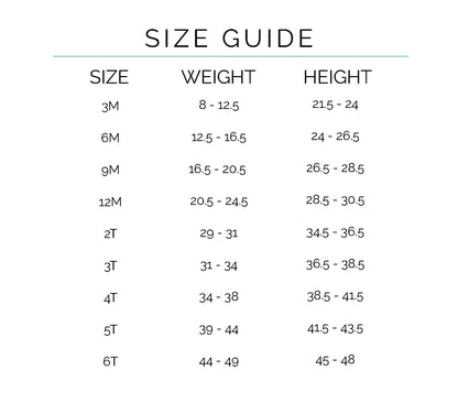 Size guide chart for children's clothing with size, weight, and height ranges.
