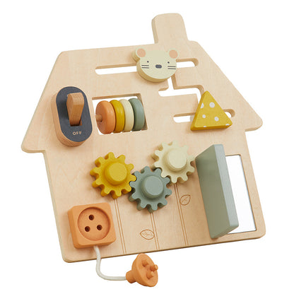 Wooden toy with gears and shapes on a white background