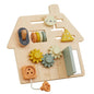 Wooden toy with gears and shapes on a white background