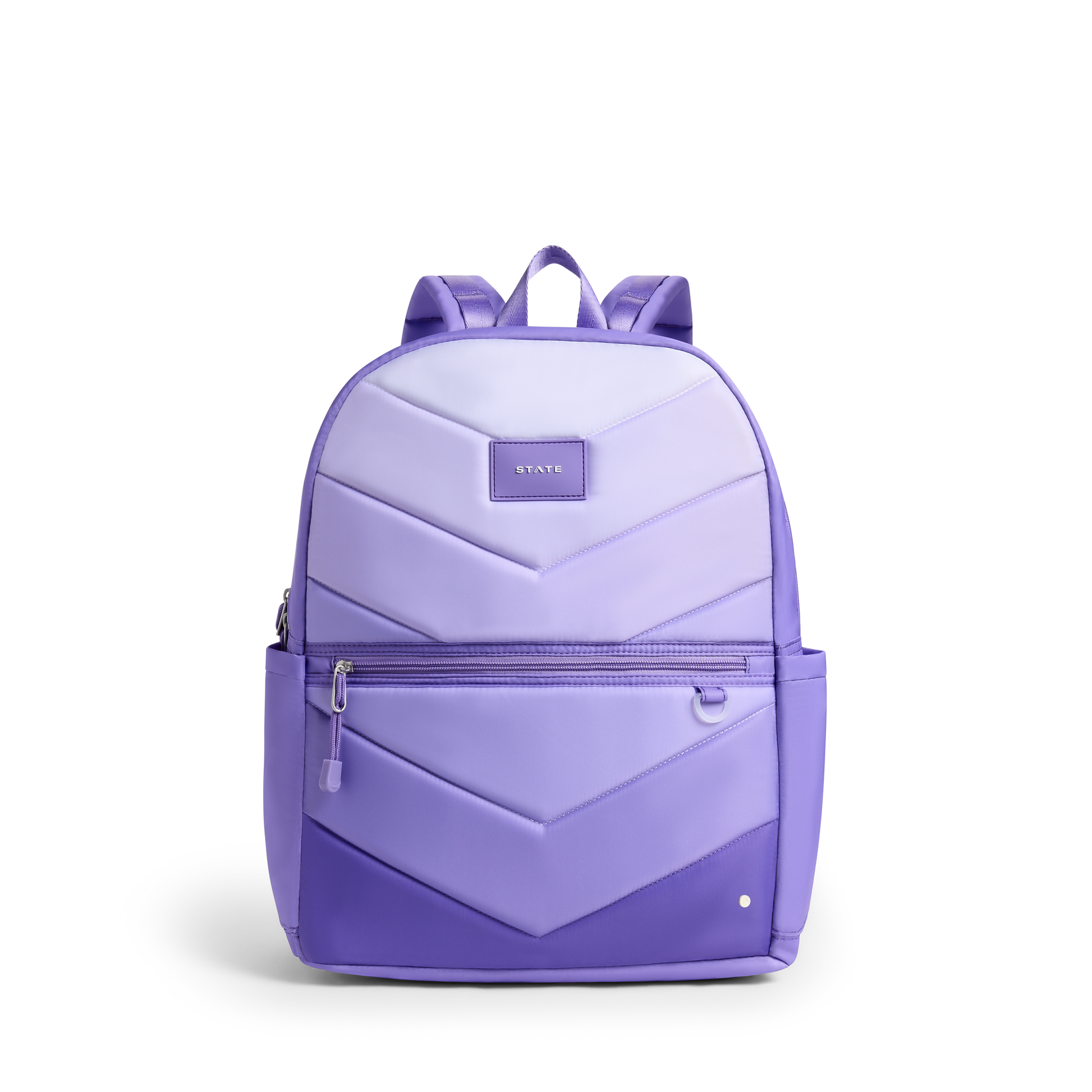 Purple backpack with a chevron pattern on a white background