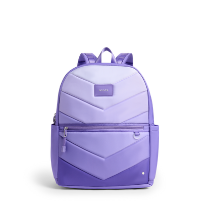 Purple backpack with a chevron pattern on a white background