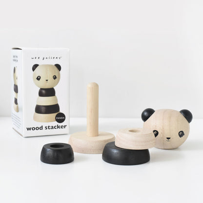 Wooden panda stacker toy with packaging on a white background