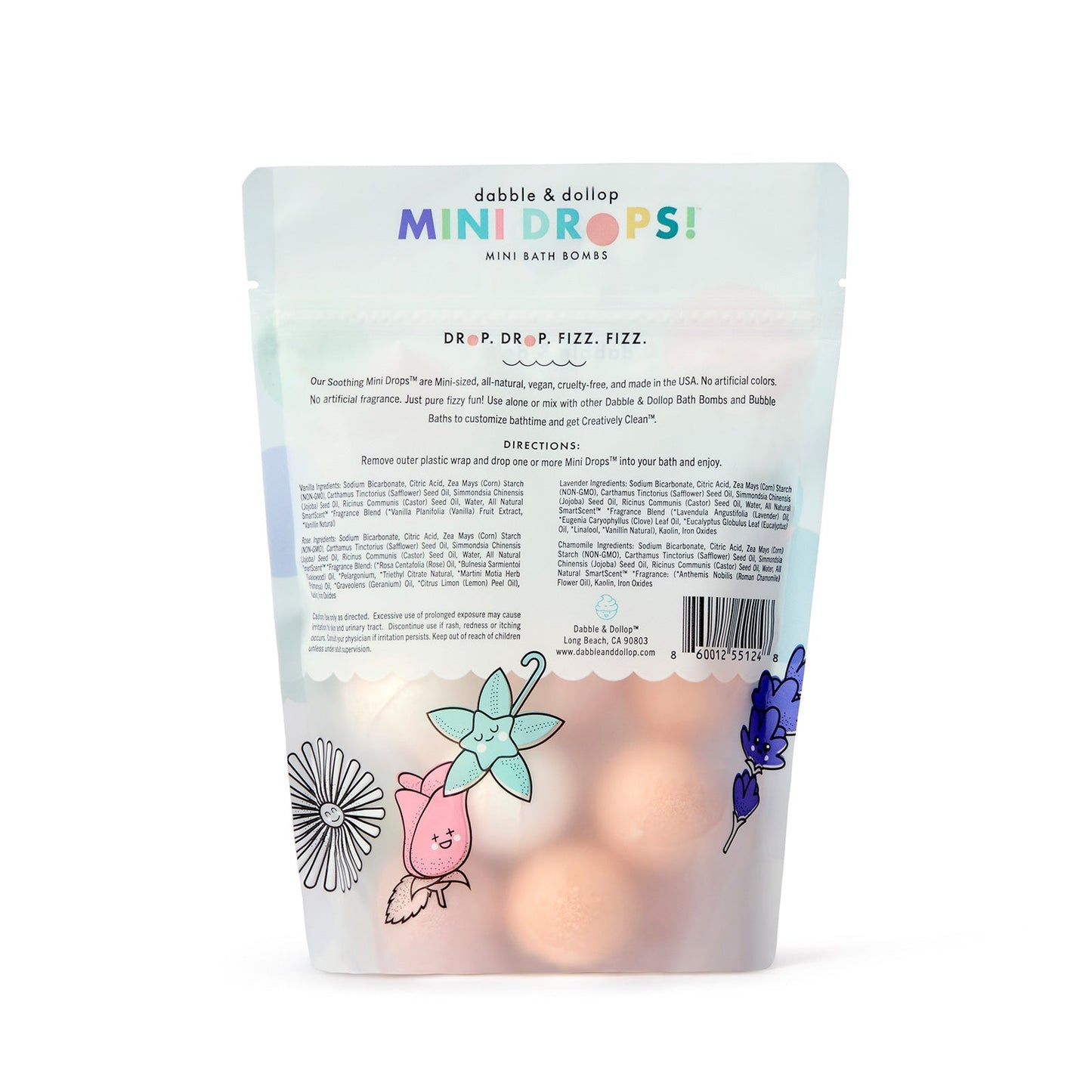 Package of Dabble & Dollop Mini Drops bath bombs with colorful illustrations on a white background