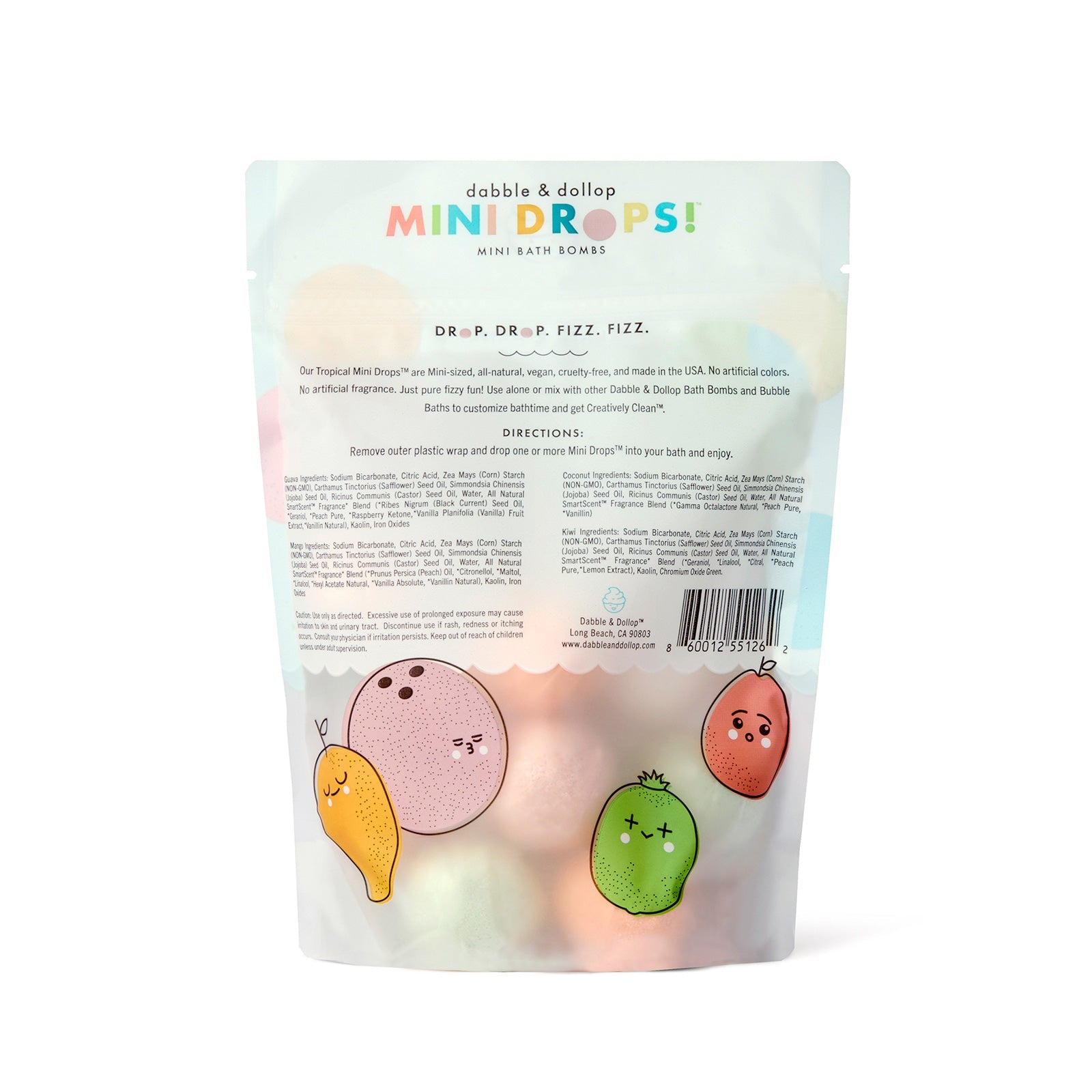 Package of dabble & dallop Mini Drops mini bath bombs with colorful illustrations on a white background