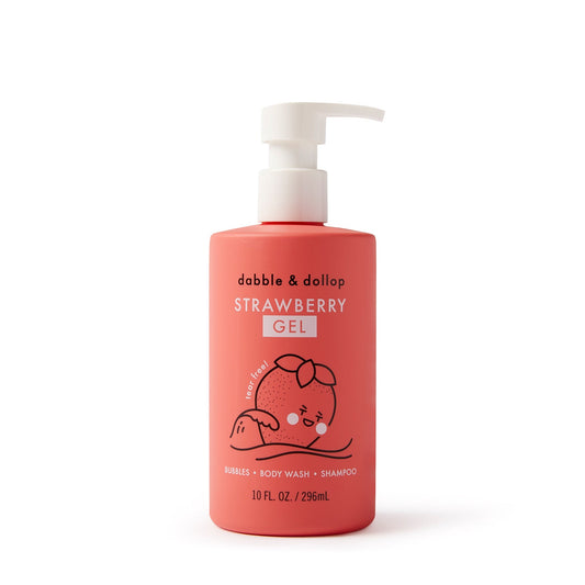 Pink bottle of strawberry gel with a pump on a white background