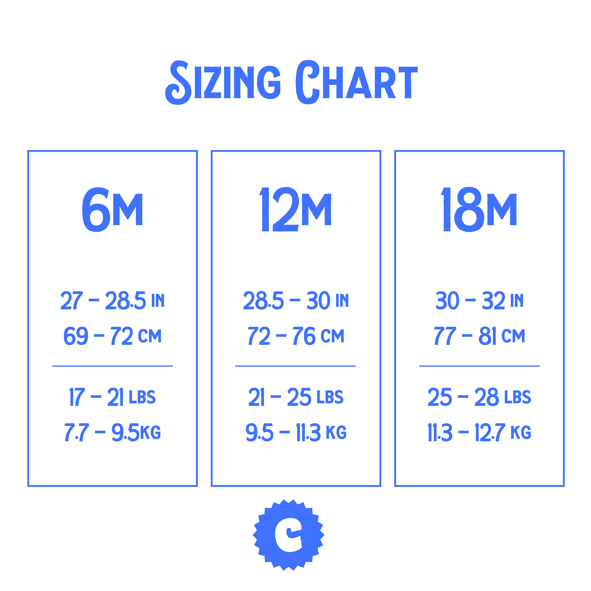 Sizing chart for children's measurements in inches, centimeters, and pounds.